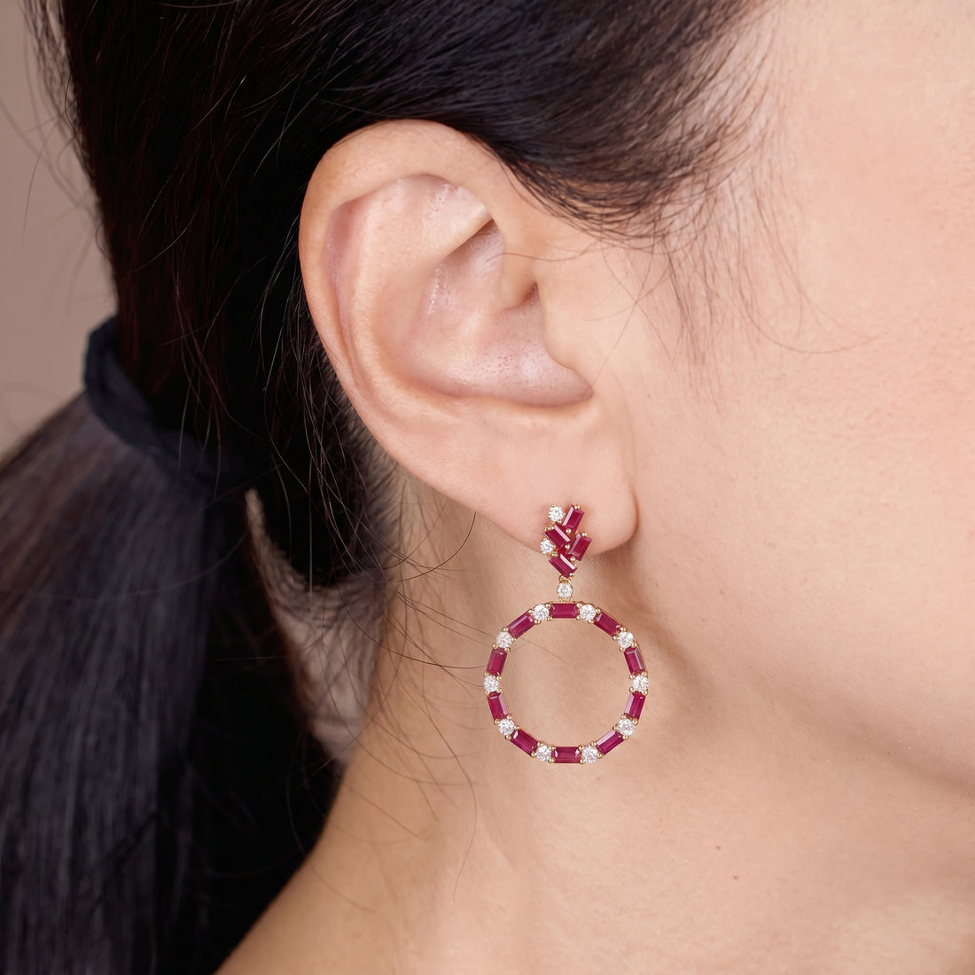 Natural Ruby and Diamond Stud Drop Earrings in 18K Yellow Gold - JewelryAndStore