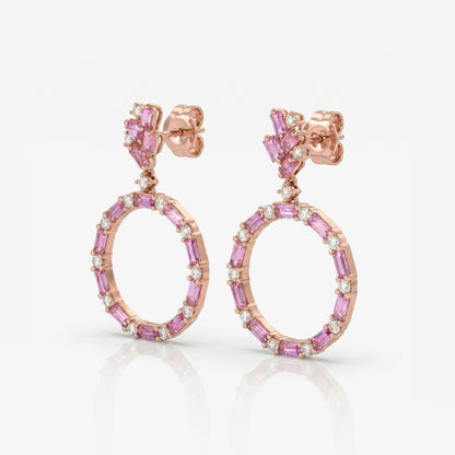 Natural Pink Sapphire and Diamond Stud Drop Earrings in 18K Rose Gold - JewelryAndStore