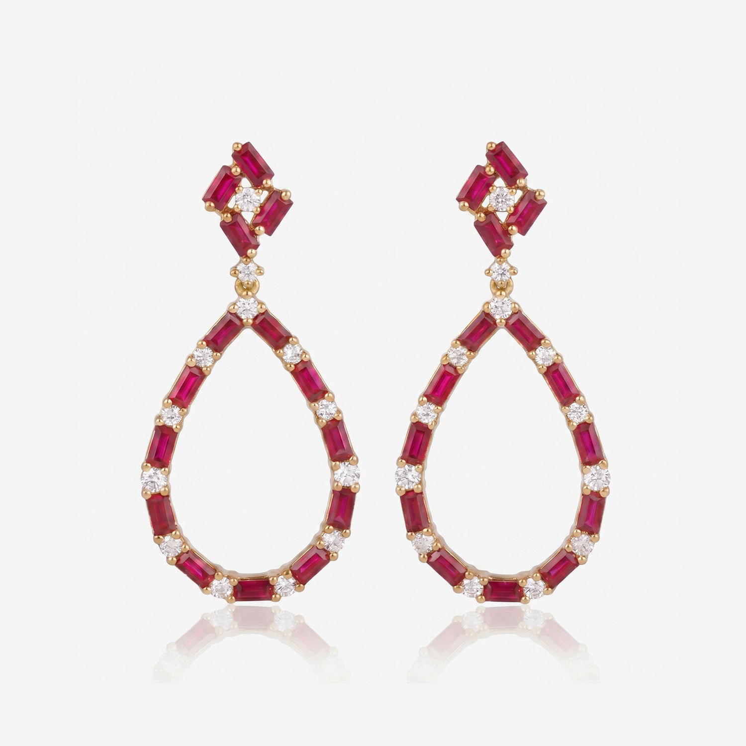 Natural Ruby and Diamond Teardrop Drop Earrings in 18K Yellow Gold - JewelryAndStore