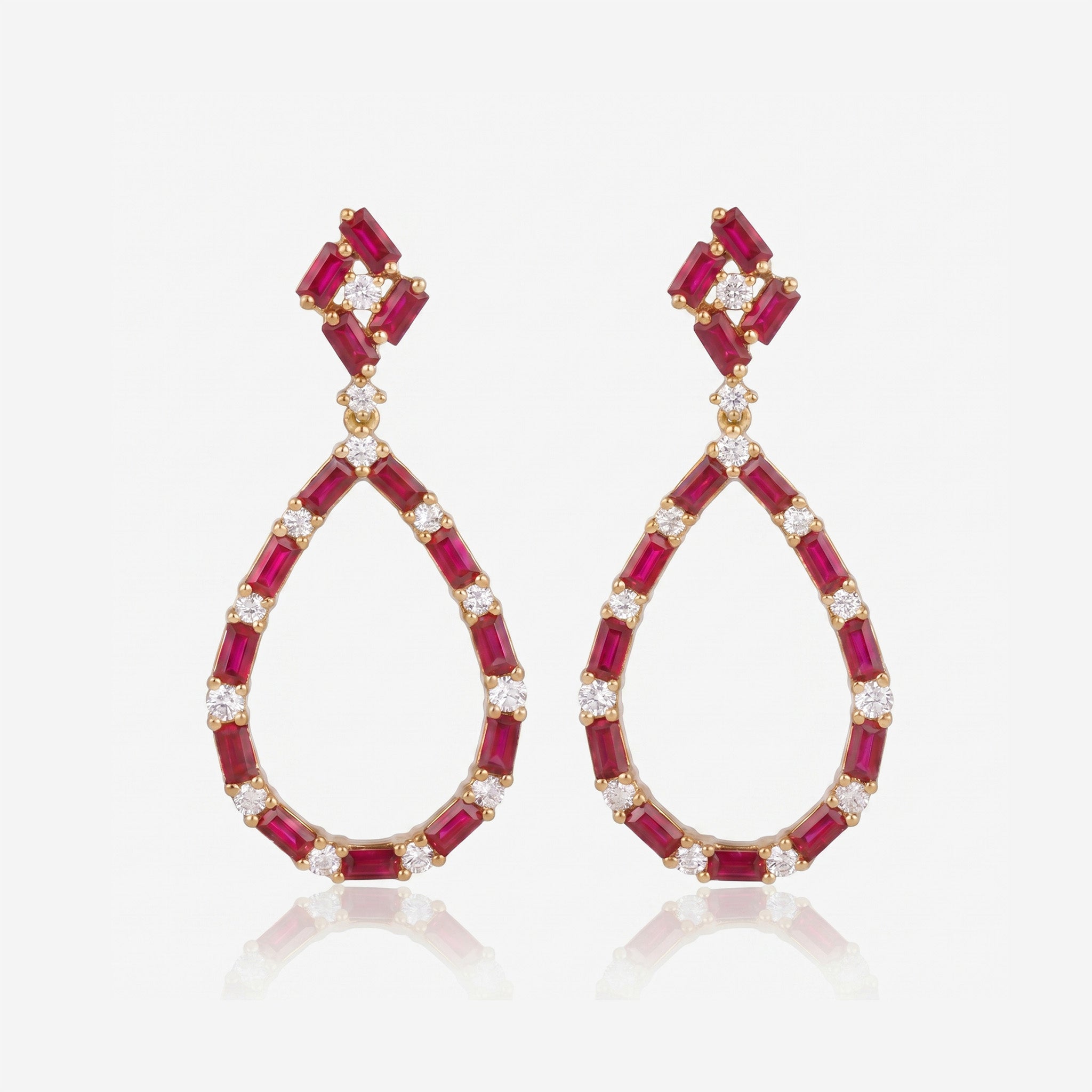 Natural Ruby and Diamond Teardrop Drop Earrings in 18K Yellow Gold - JewelryAndStore