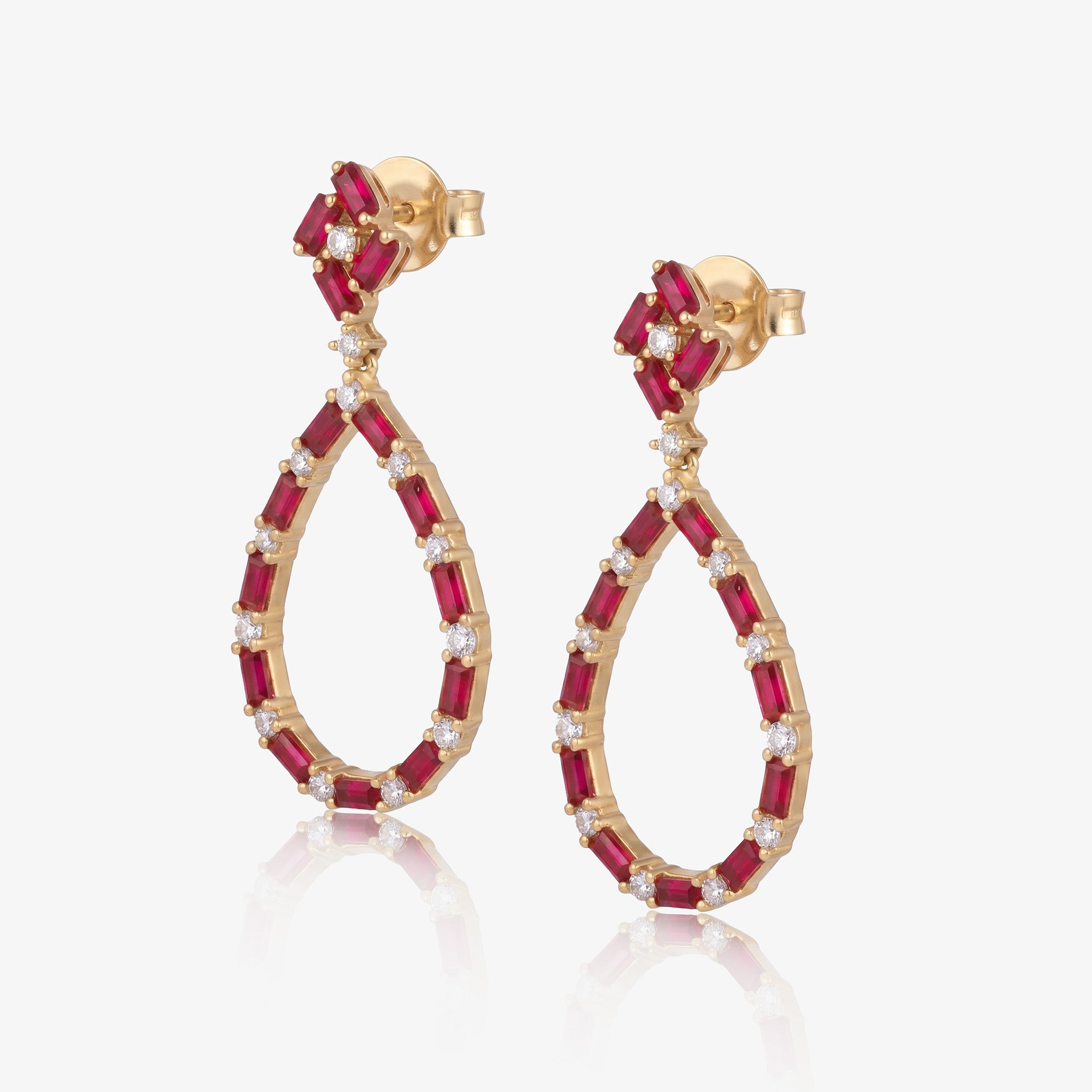 Natural Ruby and Diamond Teardrop Drop Earrings in 18K Yellow Gold - JewelryAndStore