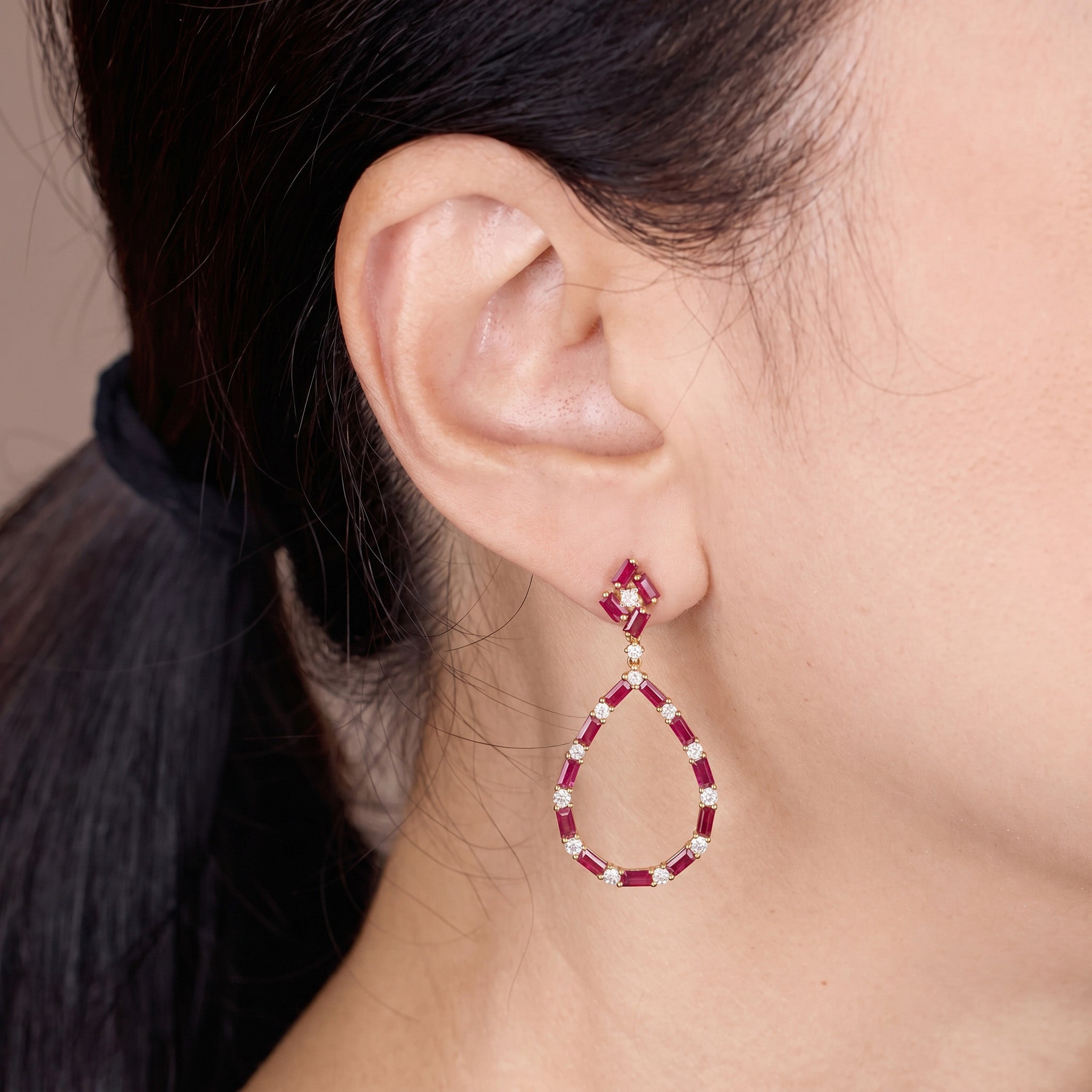 Natural Ruby and Diamond Teardrop Drop Earrings in 18K Yellow Gold - JewelryAndStore