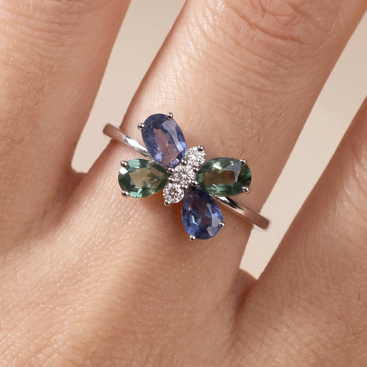 18K Gold Multi-Colored Sapphire &amp; Diamond Butterfly Ring - JewelryAndStore