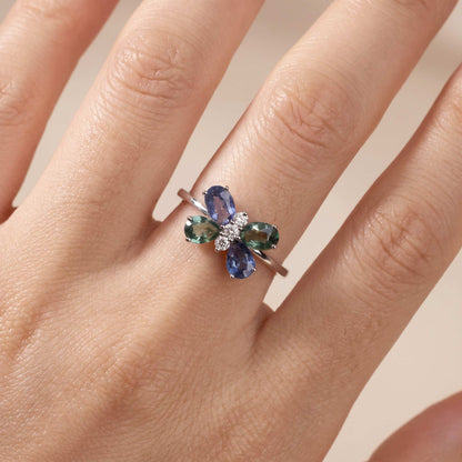 18K Gold Multi-Colored Sapphire &amp; Diamond Butterfly Ring - JewelryAndStore