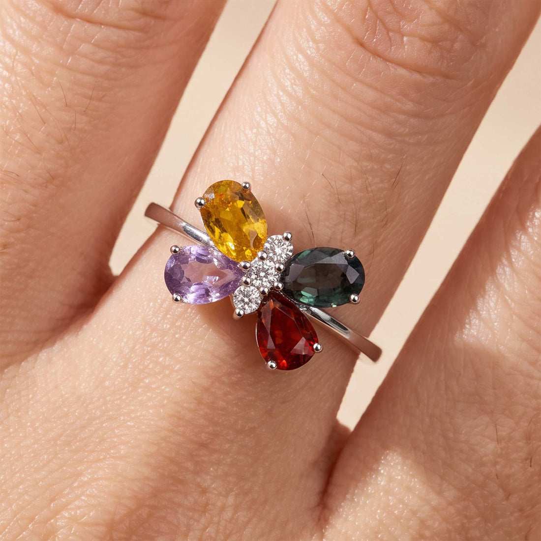 18K Gold Multi-Colored Sapphire &amp; Diamond Butterfly Ring - JewelryAndStore