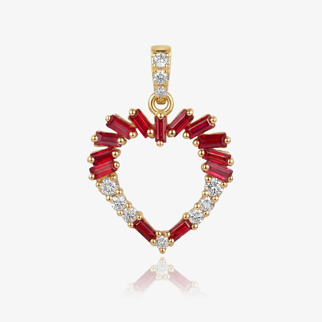 Natural Ruby and Diamond Heart Halo Pendant in 18K Yellow Gold - JewelryAndStore