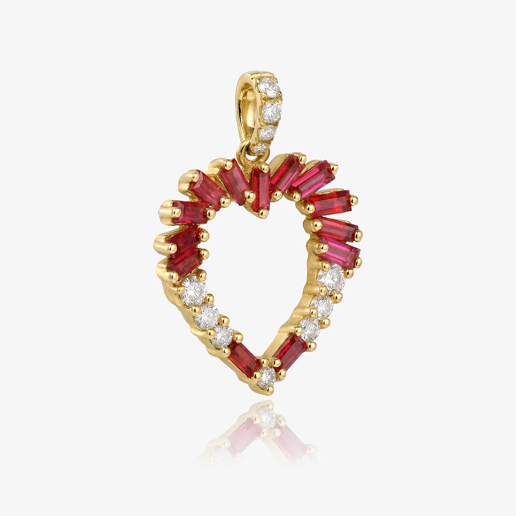 Natural Ruby and Diamond Heart Halo Pendant in 18K Yellow Gold - JewelryAndStore