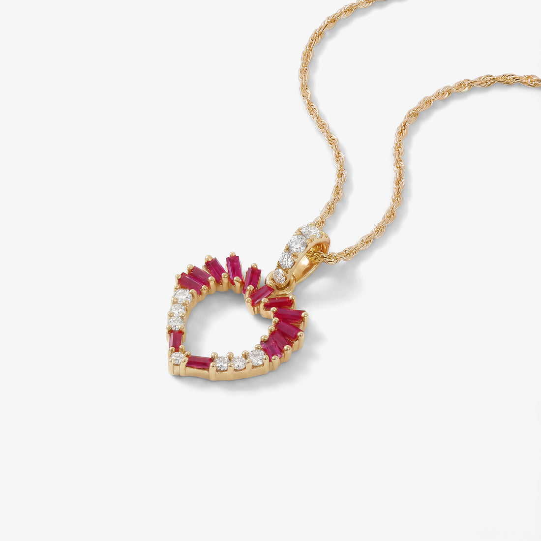 Natural Ruby and Diamond Heart Halo Pendant in 18K Yellow Gold - JewelryAndStore