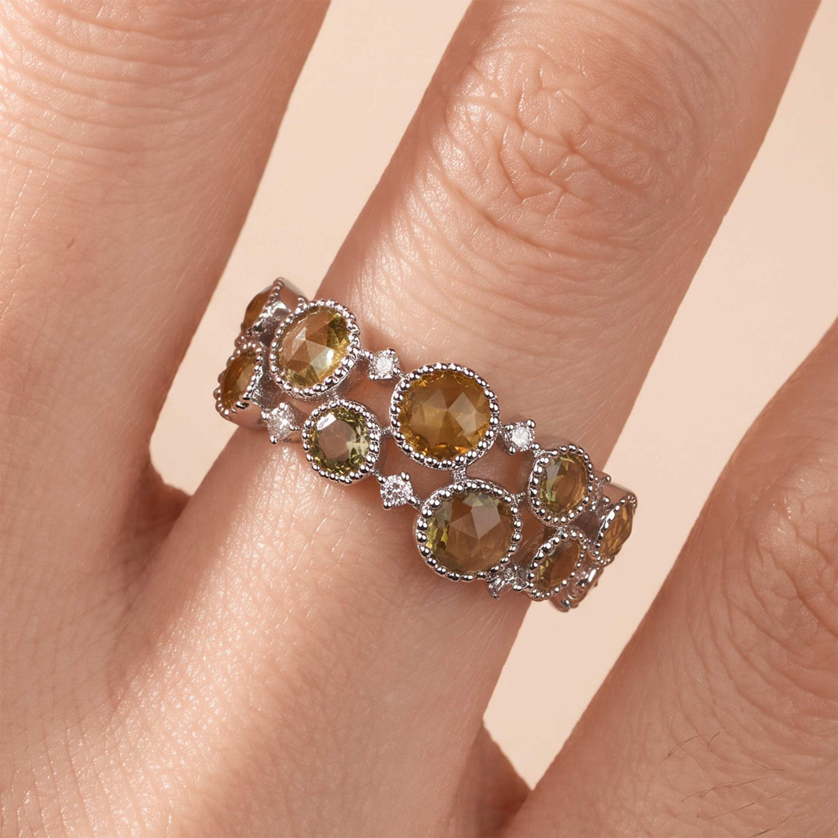 Victorian-Style Statement Ring with Natural Diamonds &amp; Multi-Color Sapphires in 18K Gold - JewelryAndStore
