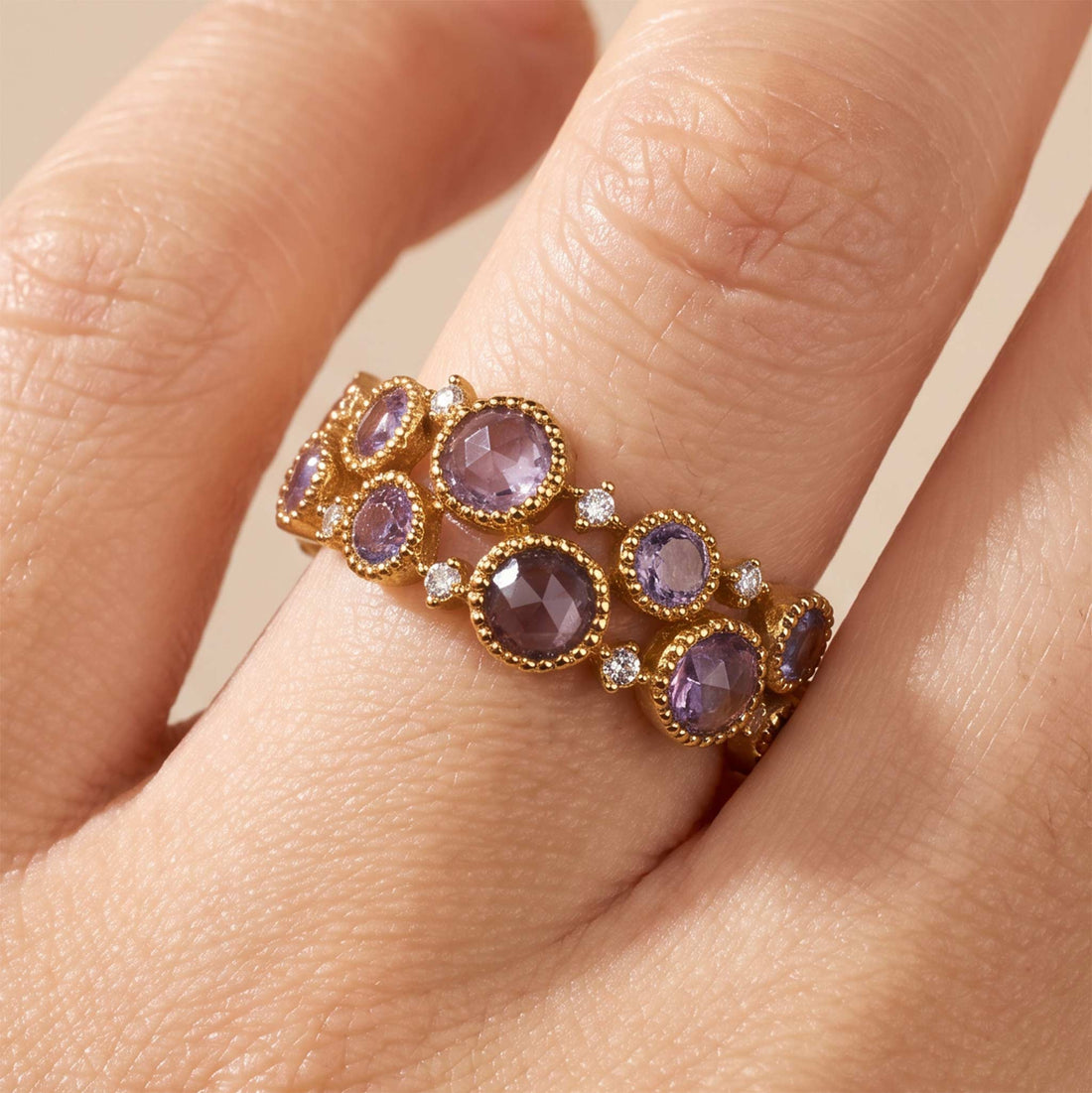 Victorian-Style Statement Ring with Diamonds &amp; Multi-Colored Sapphires in 18K Gold - JewelryAndStore