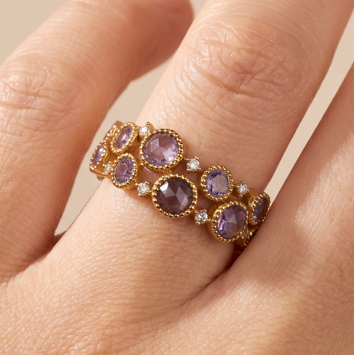 Victorian-Style Statement Ring with Diamonds &amp; Multi-Colored Sapphires in 18K Gold - JewelryAndStore