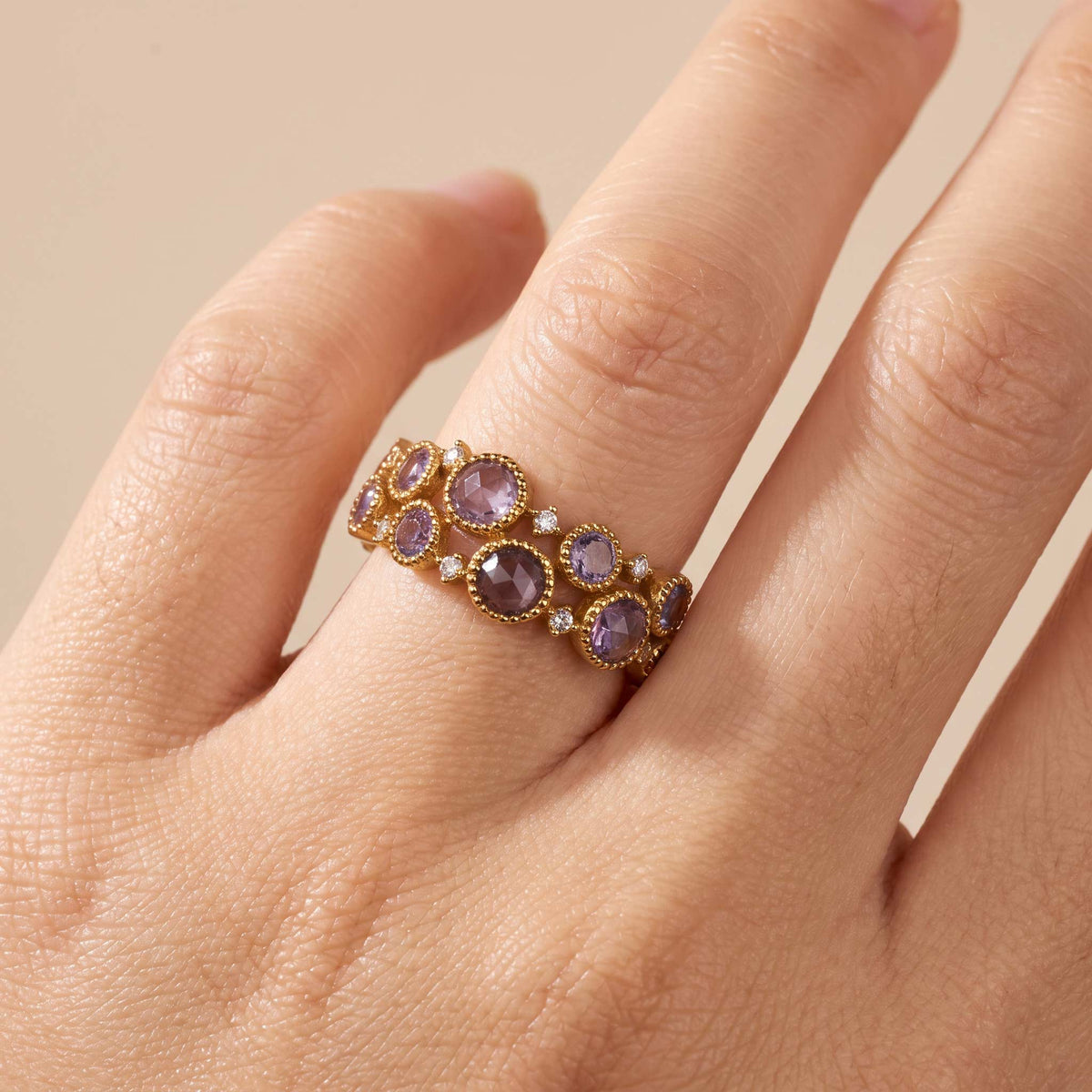 Victorian-Style Statement Ring with Diamonds &amp; Multi-Colored Sapphires in 18K Gold - JewelryAndStore