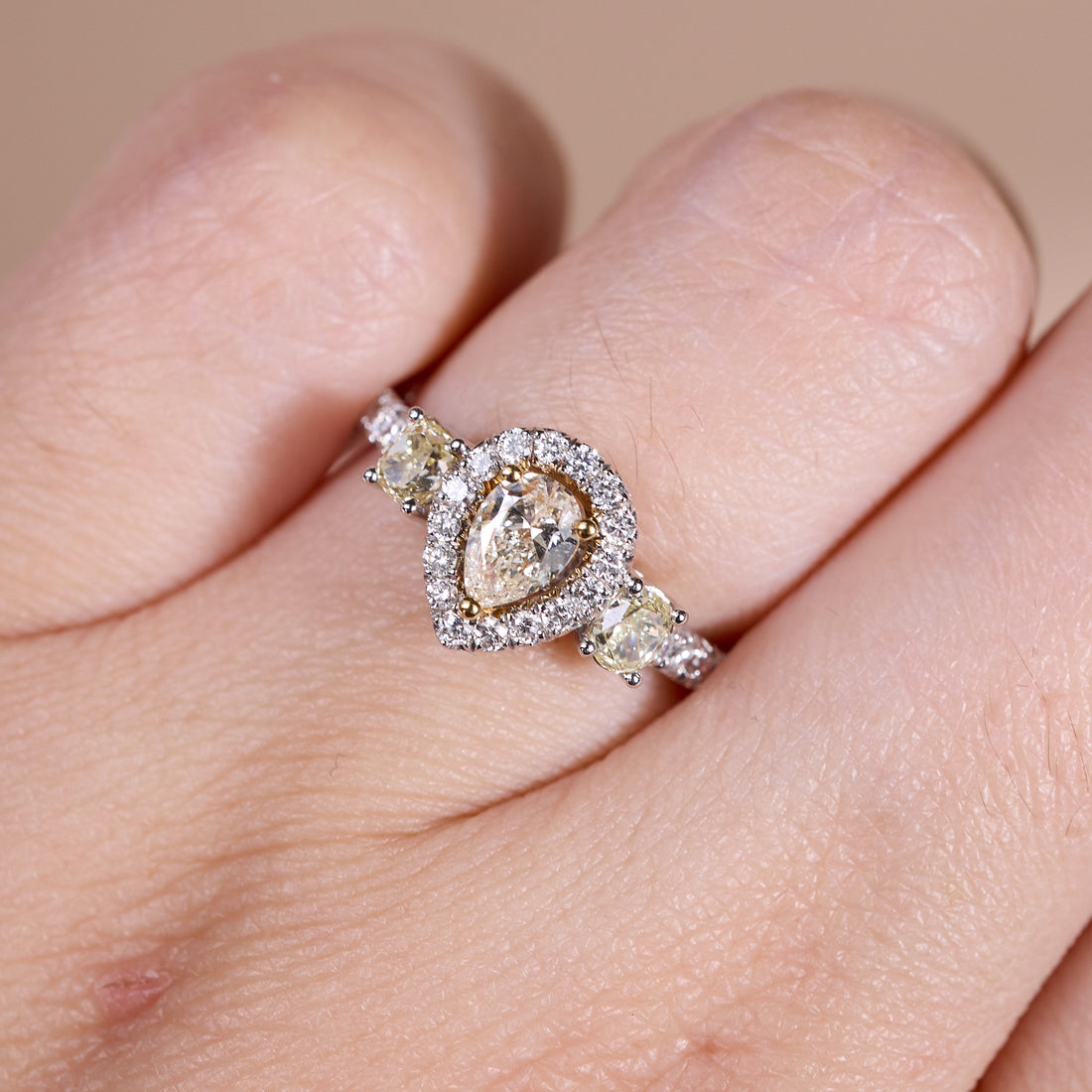 18K Gold Two‑Tone Halo Ring with 0.69ct.tw. Natural Yellow Diamonds - JewelryAndStore