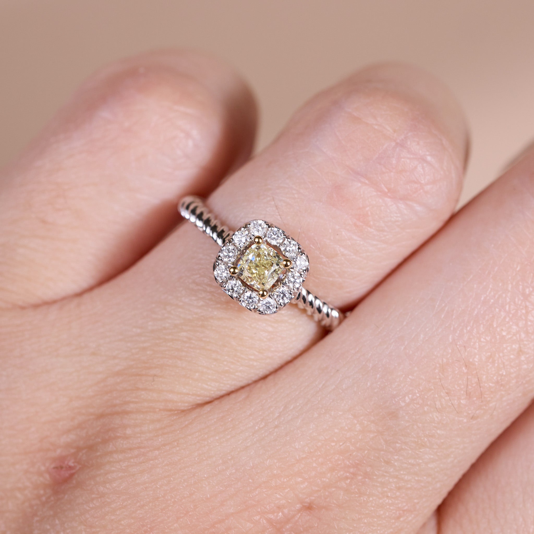 18K Two - Tone Halo Ring with 0.37ct.tw. Natural Yellow Diamond - JewelryAndStore