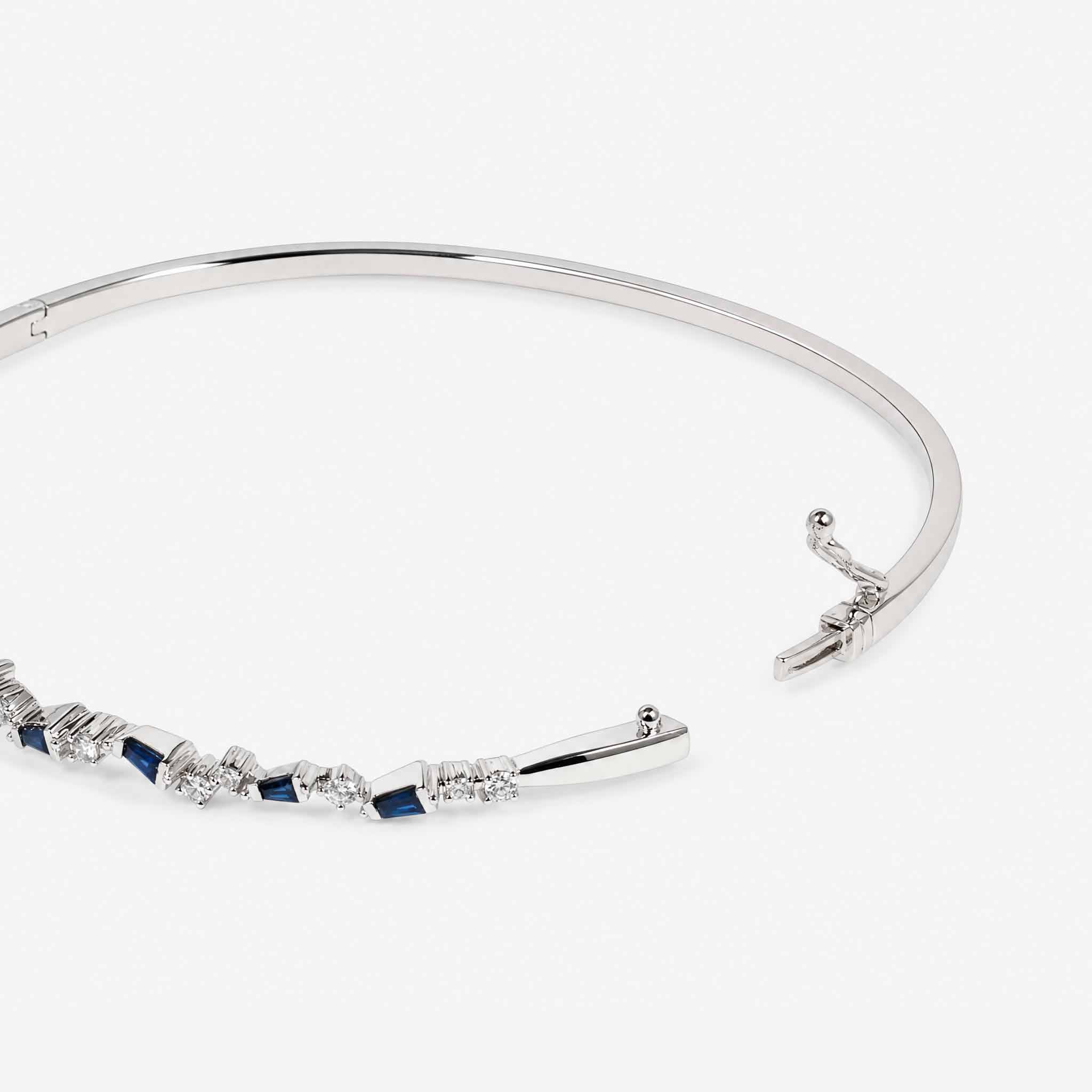 Natural Blue Sapphire and Diamond Asymmetric Wave Cluster Bangle in 18K White Gold - JewelryandStore