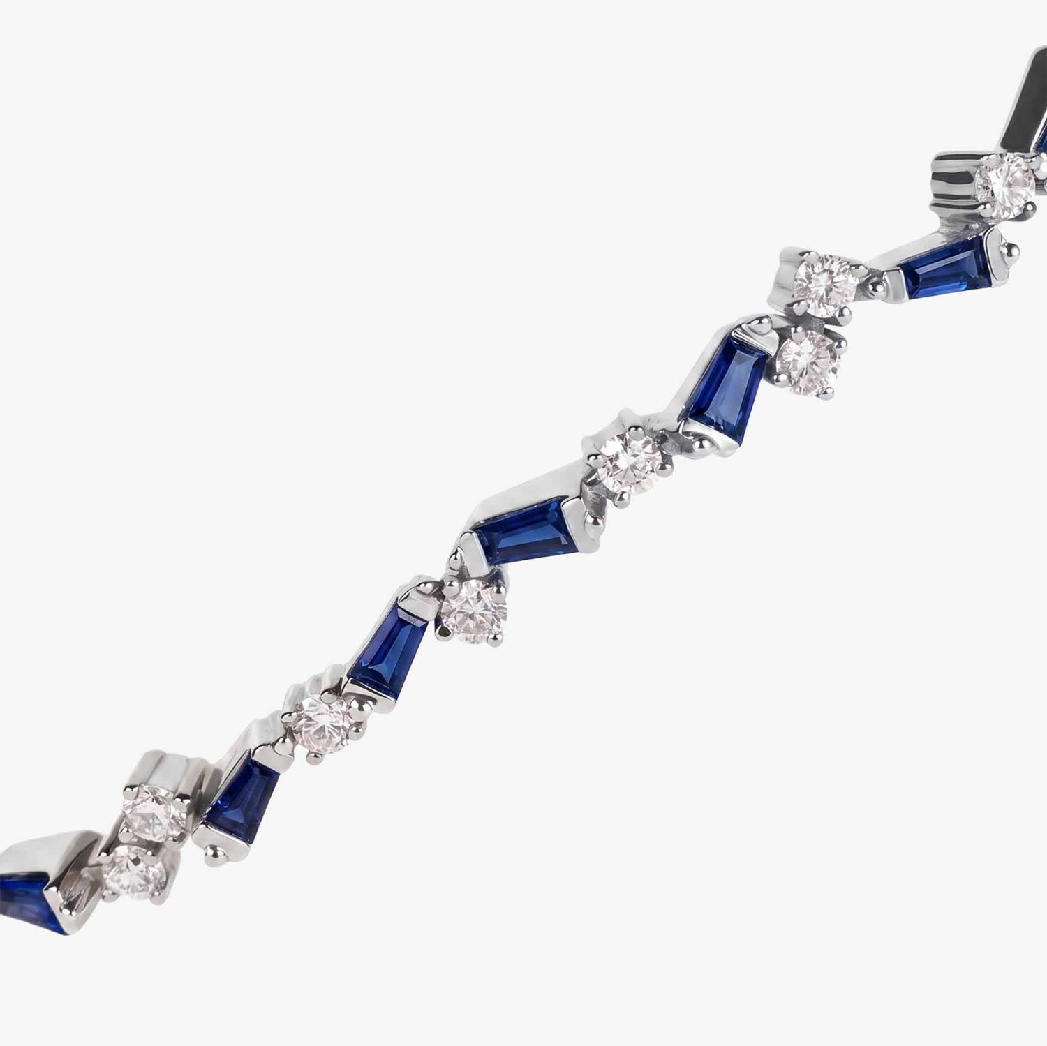 Natural Blue Sapphire and Diamond Asymmetric Wave Cluster Bangle in 18K White Gold - JewelryandStore