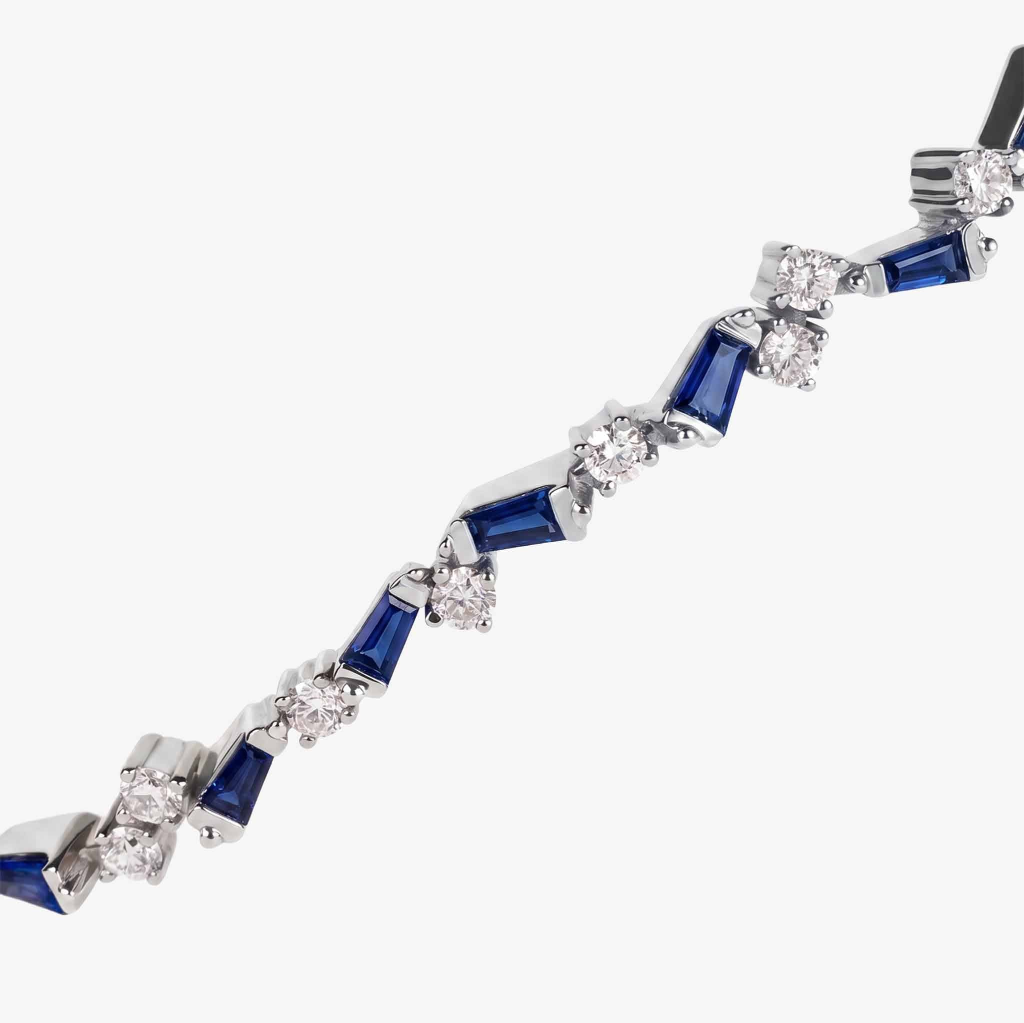 Natural Blue Sapphire and Diamond Asymmetric Wave Cluster Bangle in 18K White Gold - JewelryandStore