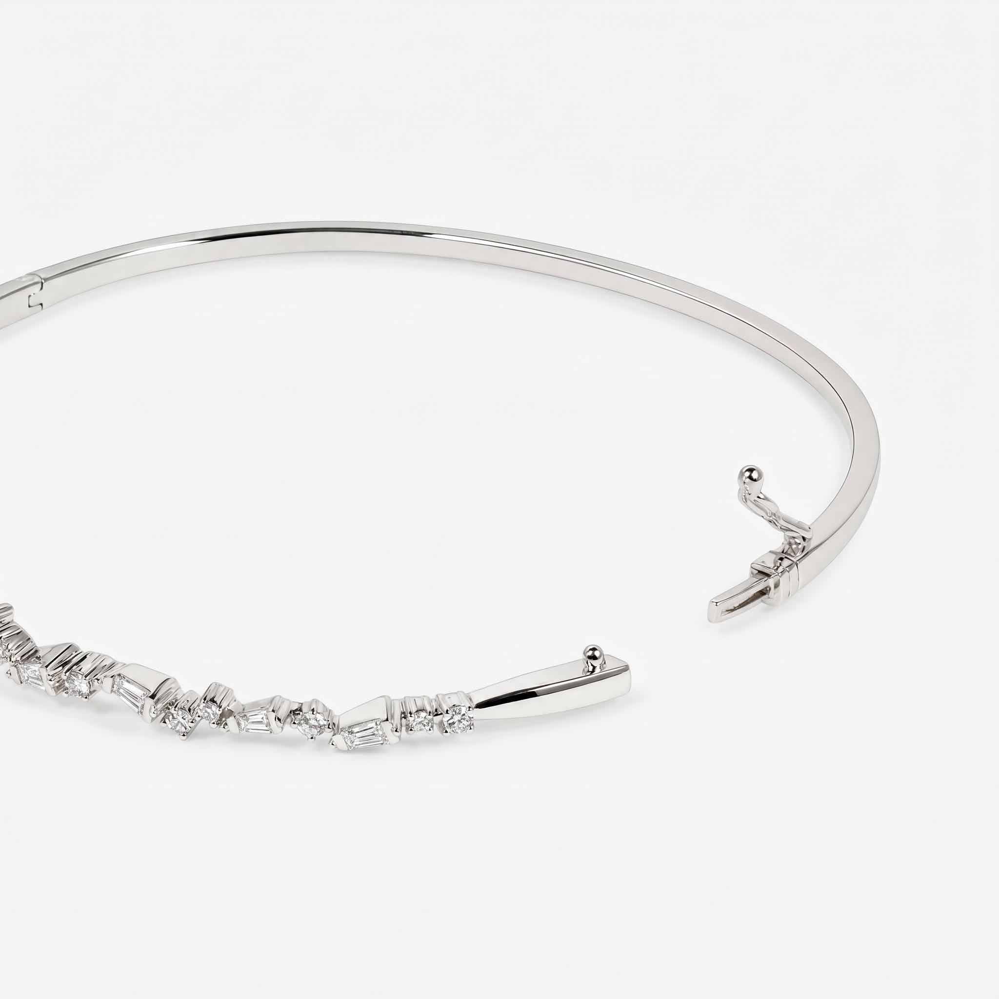 Natural Baguette and Round Diamond Asymmetric Wave Cluster Bangle in 18K White Gold - JewelryAndStore