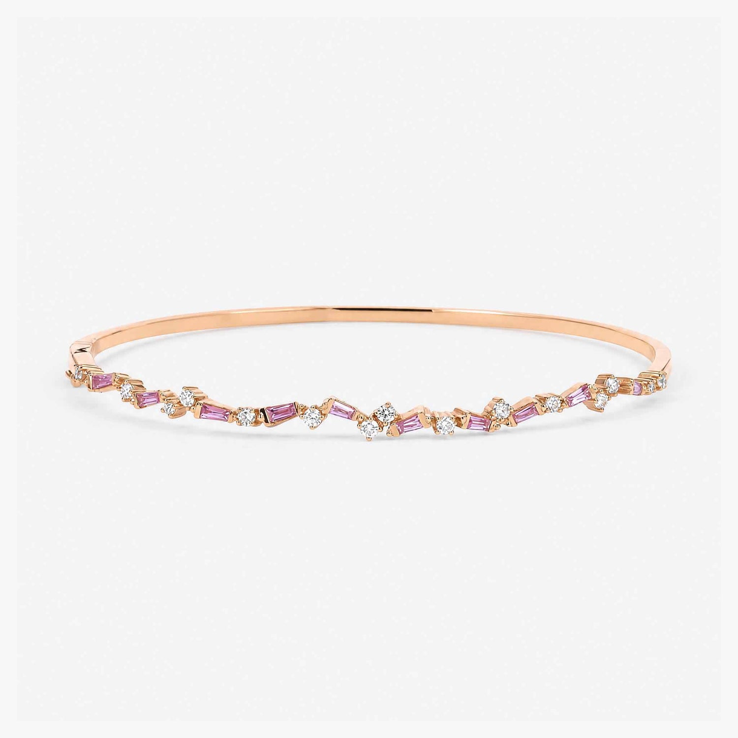 Natural Pink Sapphire and Diamond Asymmetric Wave Cluster Bangle in 18K Rose Gold - JewelryandStore