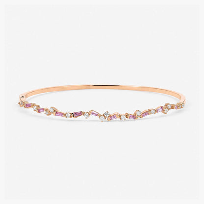 Natural Pink Sapphire and Diamond Asymmetric Wave Cluster Bangle in 18K Rose Gold - JewelryandStore