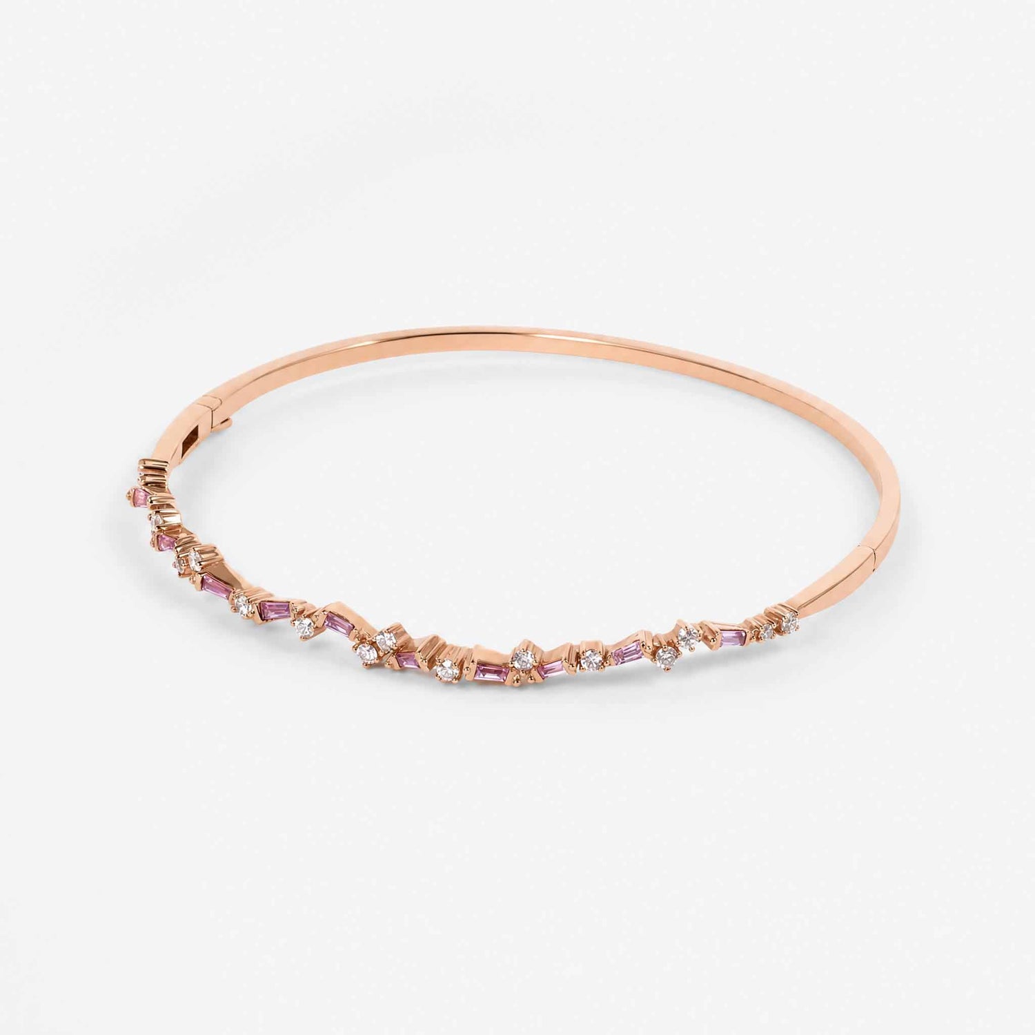 Natural Pink Sapphire and Diamond Asymmetric Wave Cluster Bangle in 18K Rose Gold - JewelryandStore