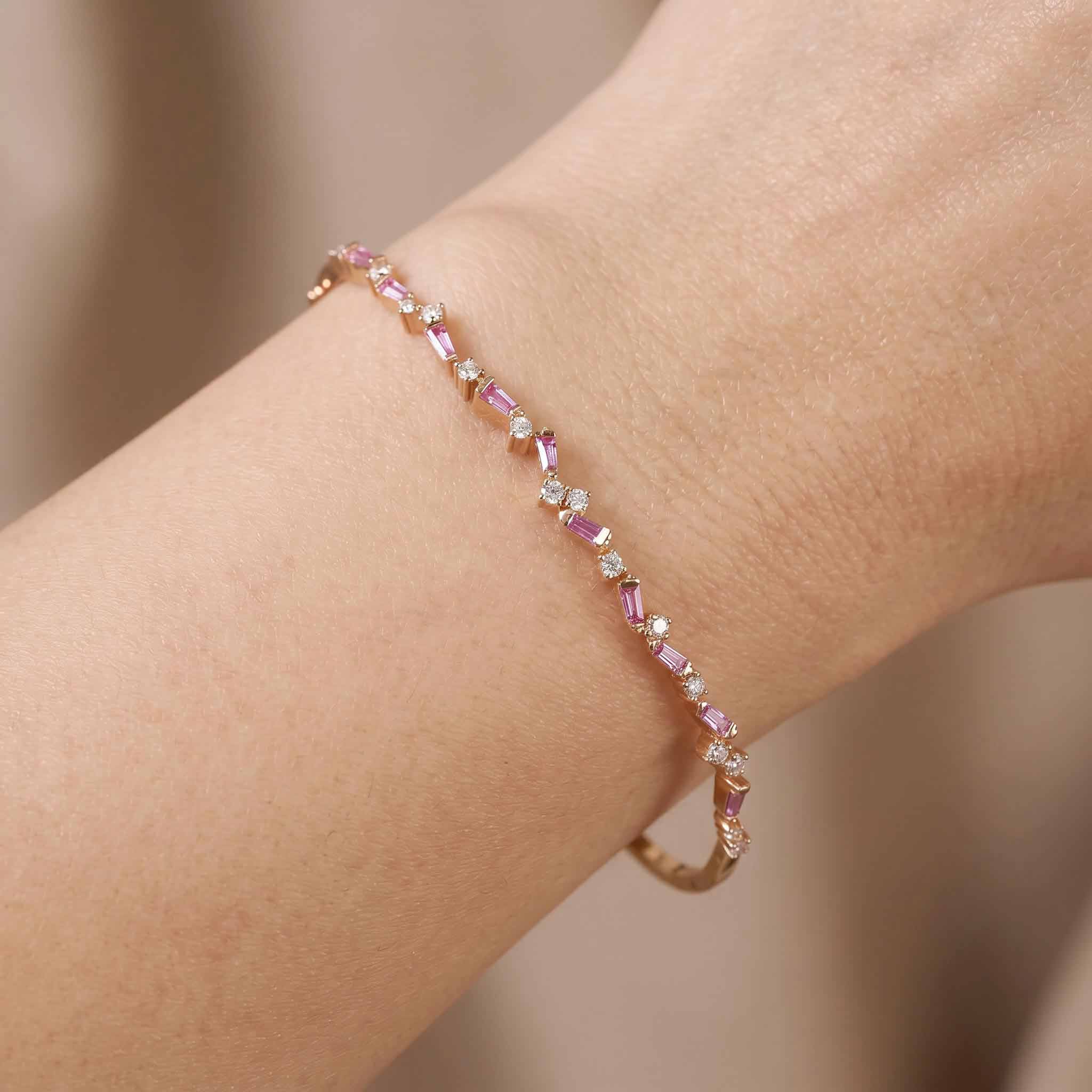 Natural Pink Sapphire and Diamond Asymmetric Wave Cluster Bangle in 18K Rose Gold - JewelryandStore