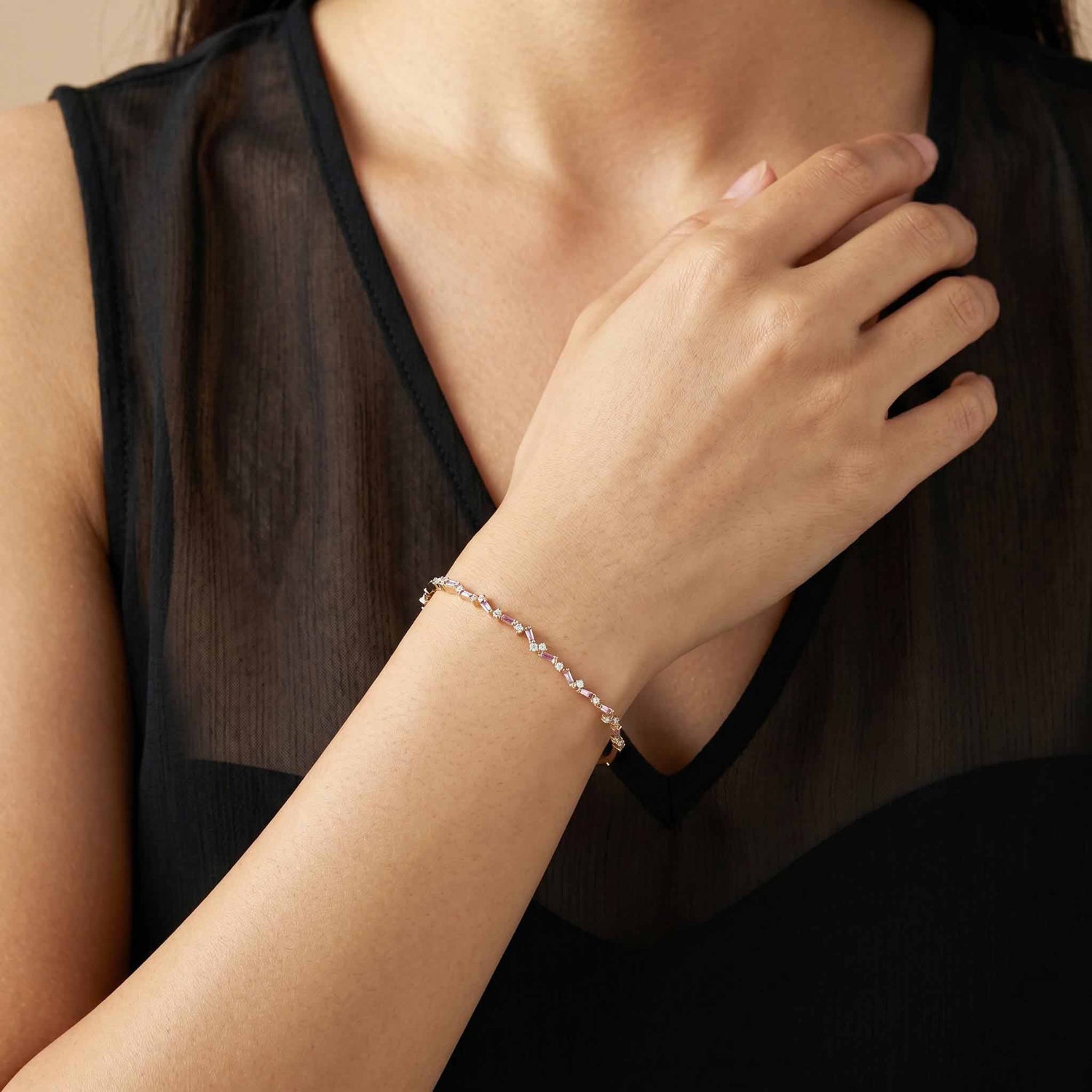 Natural Pink Sapphire and Diamond Asymmetric Wave Cluster Bangle in 18K Rose Gold - JewelryandStore