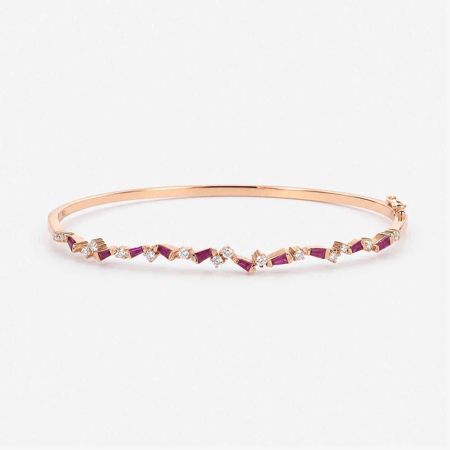 Natural Ruby and Diamond Asymmetric Wave Bangle in 18K Rose Gold - JewelryAndStore
