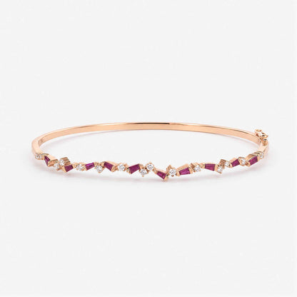 Natural Ruby and Diamond Asymmetric Wave Bangle in 18K Rose Gold - JewelryAndStore