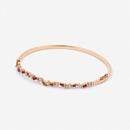 Natural Ruby and Diamond Asymmetric Wave Bangle in 18K Rose Gold - JewelryAndStore
