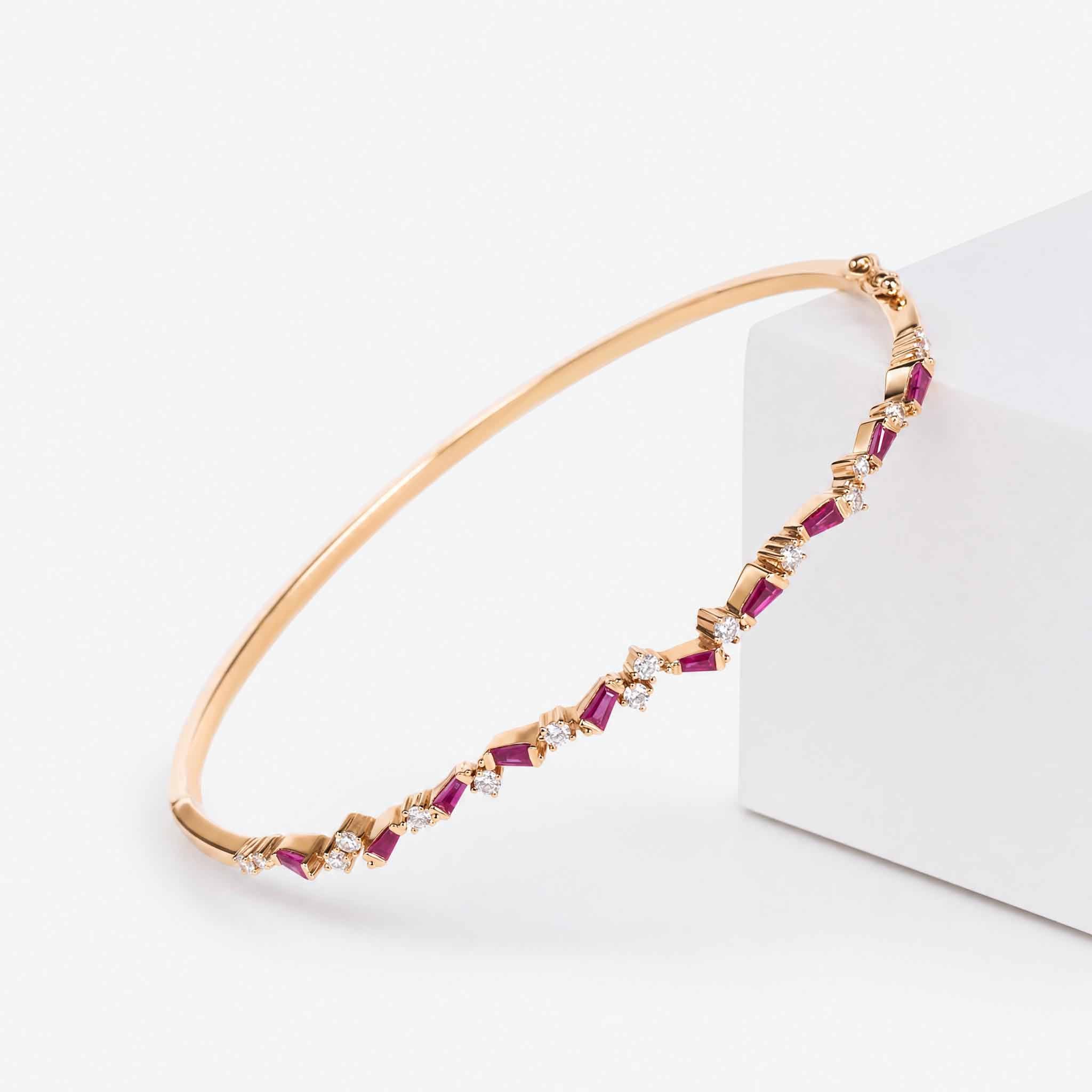 Natural Ruby and Diamond Asymmetric Wave Bangle in 18K Rose Gold - JewelryAndStore