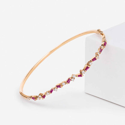 Natural Ruby and Diamond Asymmetric Wave Bangle in 18K Rose Gold - JewelryAndStore