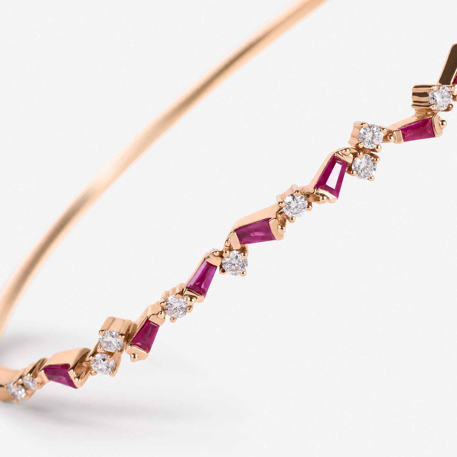 Natural Ruby and Diamond Asymmetric Wave Bangle in 18K Rose Gold - JewelryAndStore