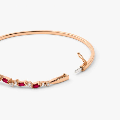 Natural Ruby and Diamond Asymmetric Wave Bangle in 18K Rose Gold - JewelryAndStore