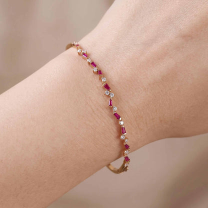 Natural Ruby and Diamond Asymmetric Wave Bangle in 18K Rose Gold - JewelryAndStore