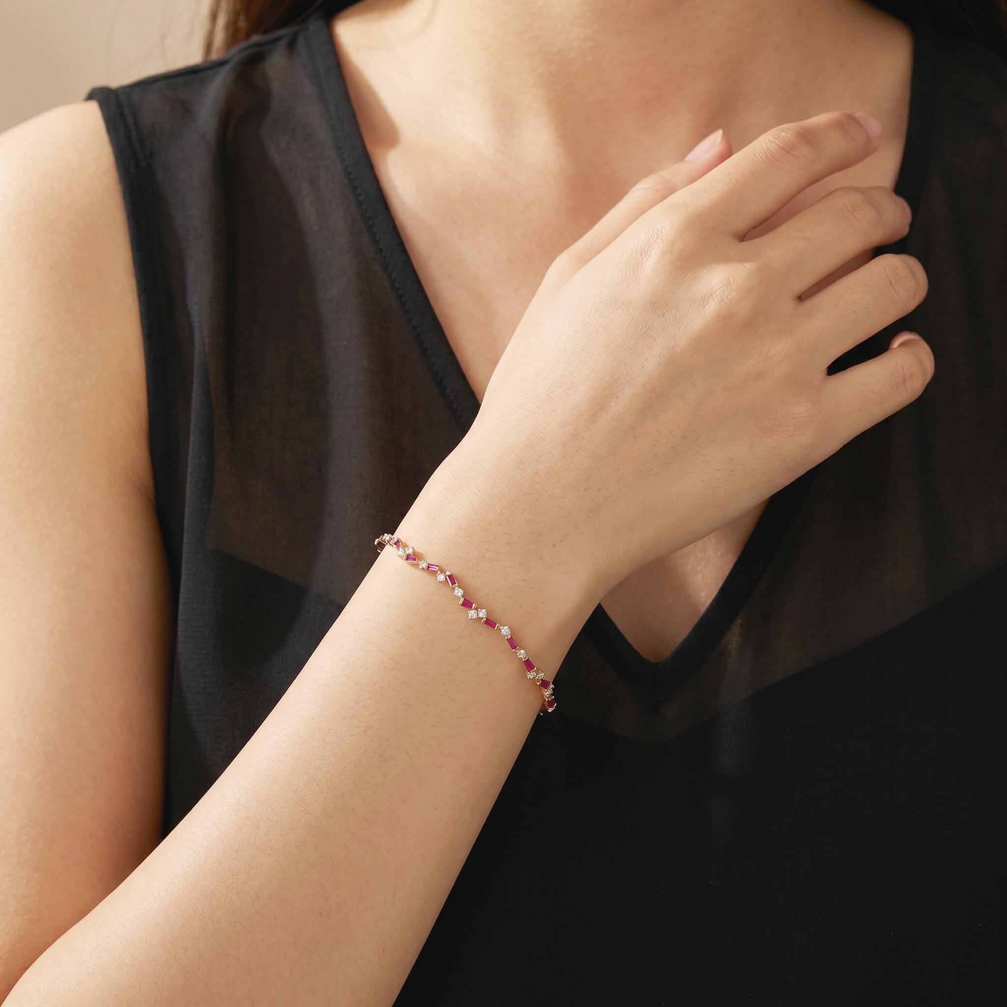 Natural Ruby and Diamond Asymmetric Wave Bangle in 18K Rose Gold - JewelryAndStore