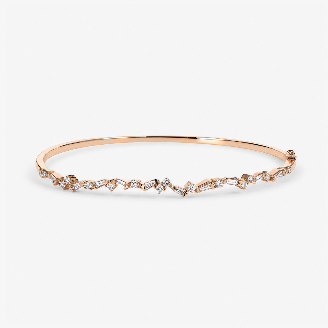 Natural Baguette and Round Diamond Asymmetric Wave Bangle in 18K Rose Gold - JewelryAndStore