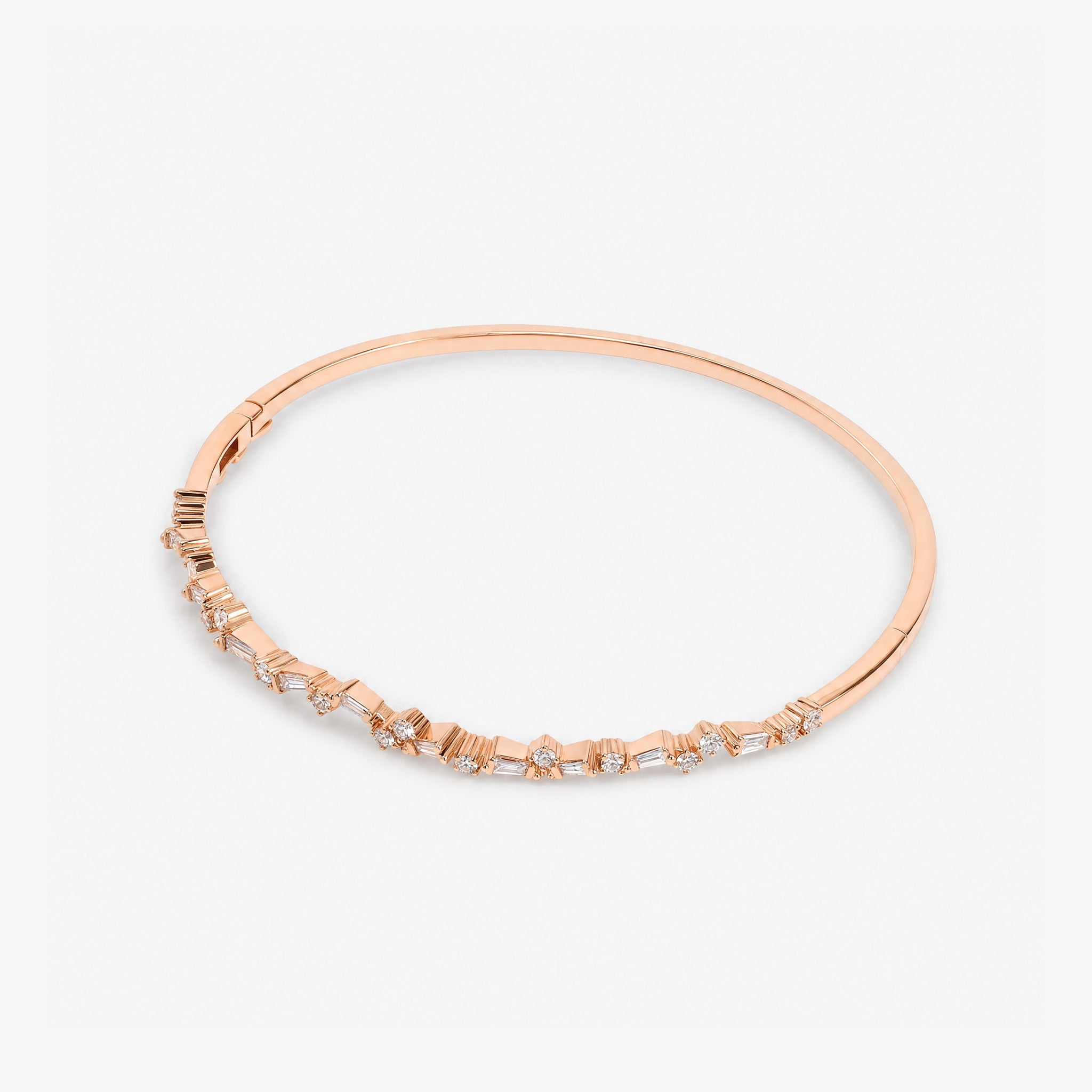 Natural Baguette and Round Diamond Asymmetric Wave Bangle in 18K Rose Gold - JewelryAndStore
