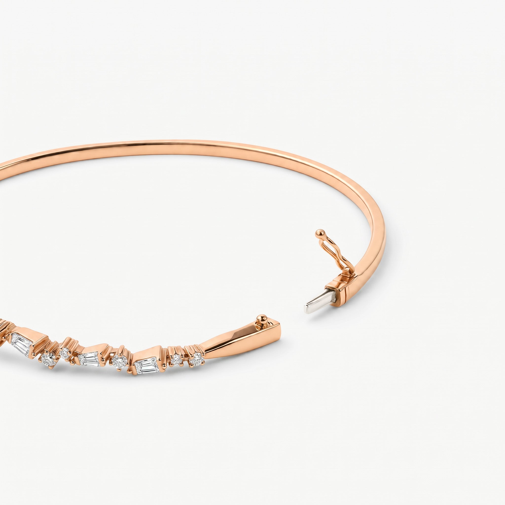 Natural Baguette and Round Diamond Asymmetric Wave Bangle in 18K Rose Gold - JewelryAndStore