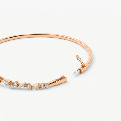Natural Baguette and Round Diamond Asymmetric Wave Bangle in 18K Rose Gold - JewelryAndStore