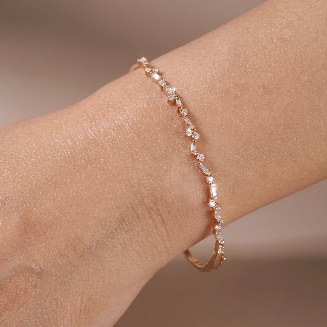 Natural Baguette and Round Diamond Asymmetric Wave Bangle in 18K Rose Gold - JewelryAndStore