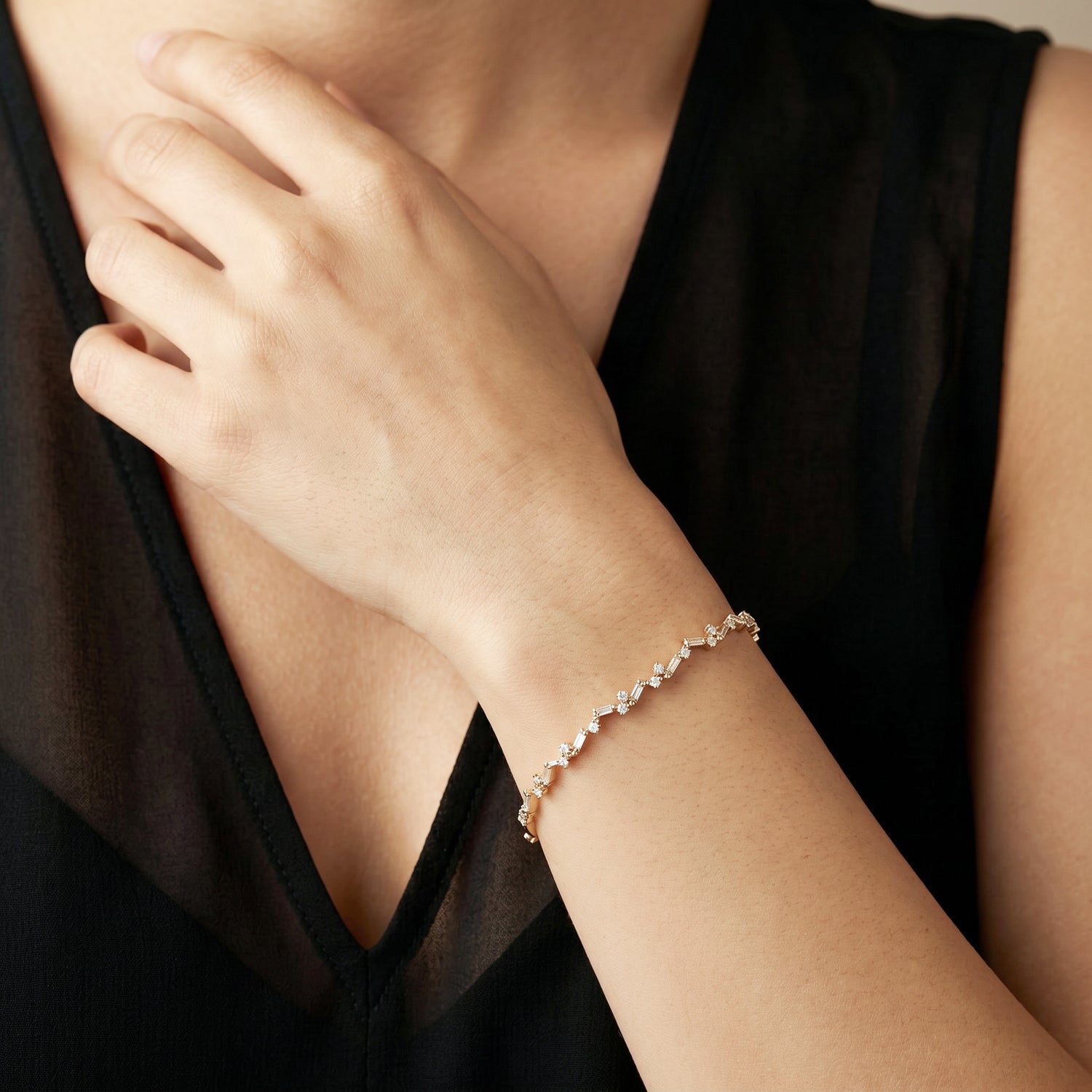 Natural Baguette and Round Diamond Asymmetric Wave Bangle in 18K Rose Gold - JewelryAndStore