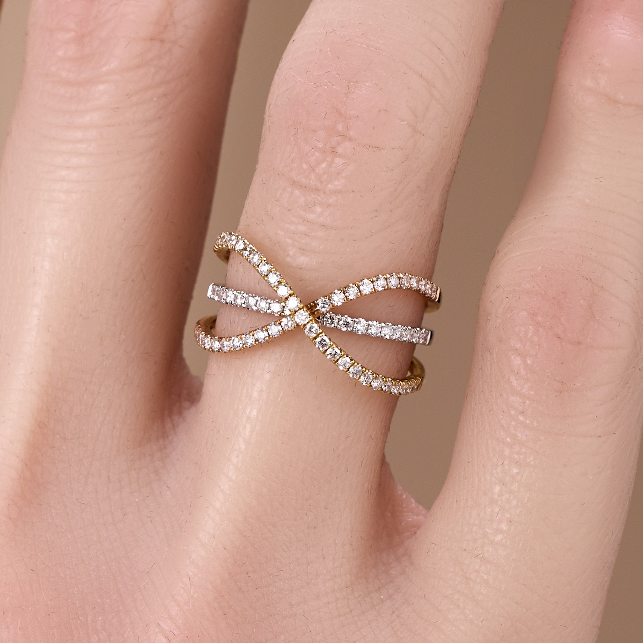 18K Two - Tone Gold Cross Over Natural Diamond Ring - JewelryAndStore