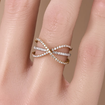 18K Two - Tone Gold Cross Over Natural Diamond Ring - JewelryAndStore