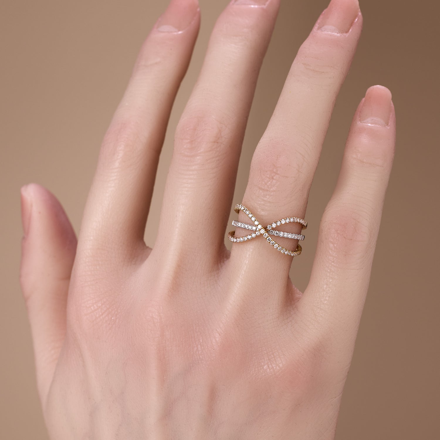 18K Two - Tone Gold Cross Over Natural Diamond Ring - JewelryAndStore