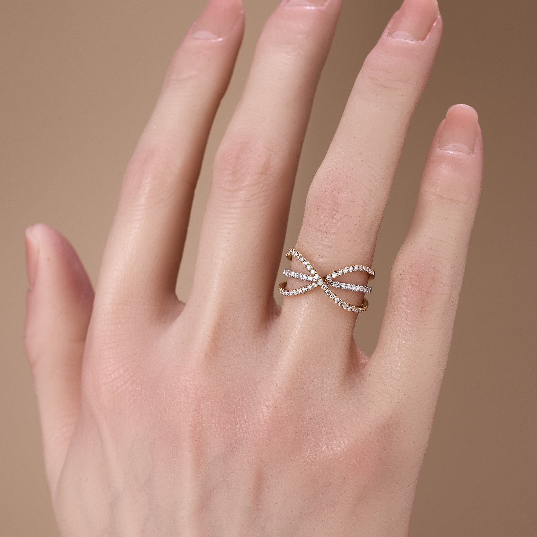 18K Two - Tone Gold Cross Over Natural Diamond Ring - JewelryAndStore