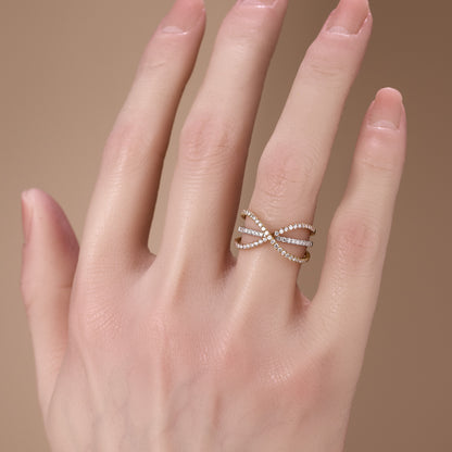18K Two - Tone Gold Cross Over Natural Diamond Ring - JewelryAndStore