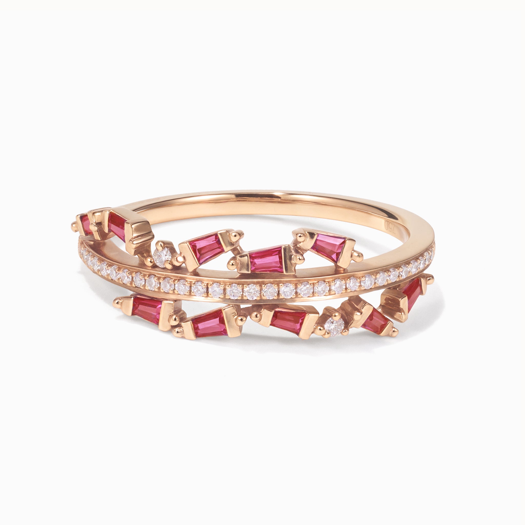 18K Rose Gold Natural Ruby &amp; Diamond Slim Band Ring
