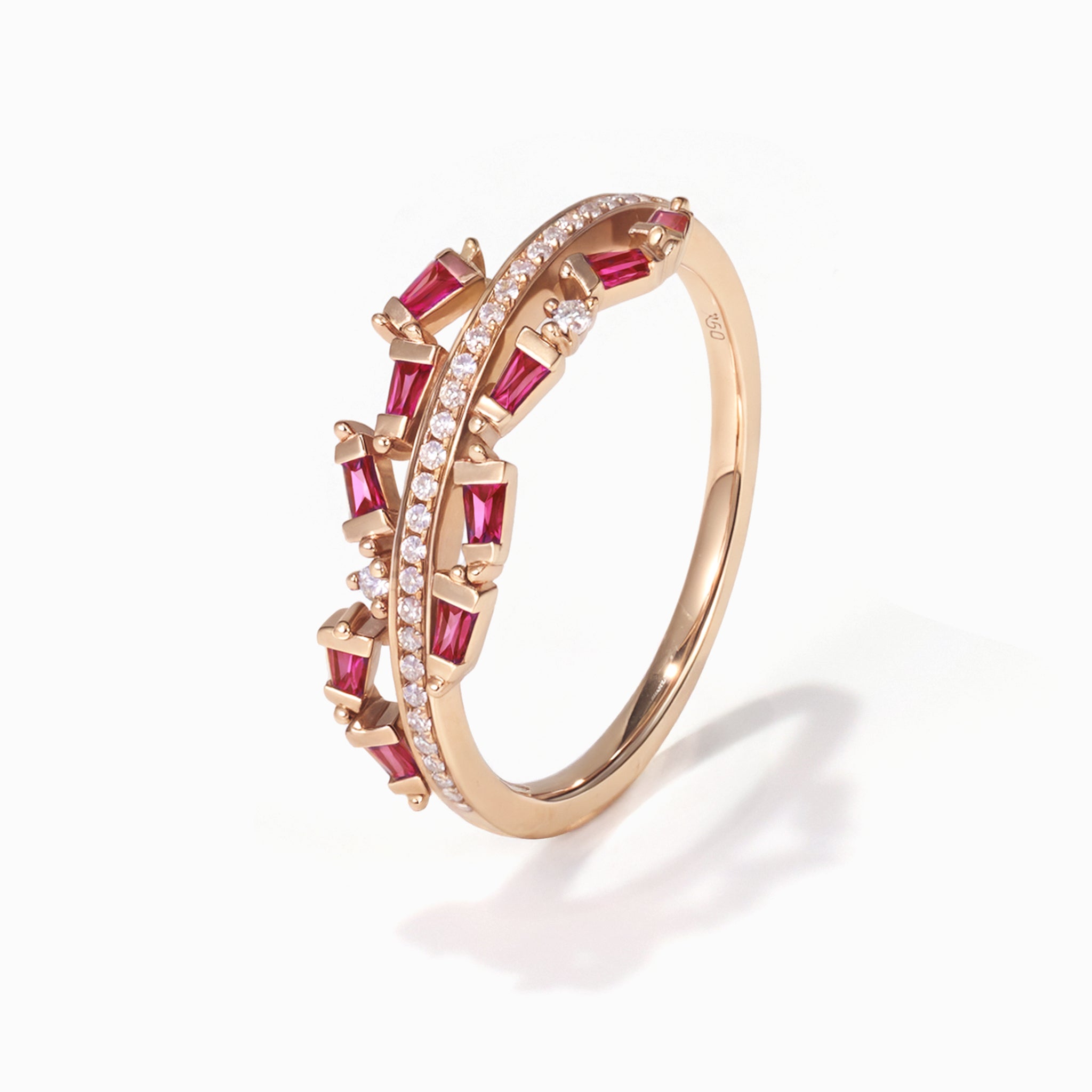 18K Rose Gold Natural Ruby &amp; Diamond Slim Band Ring - Jewelry And Store
