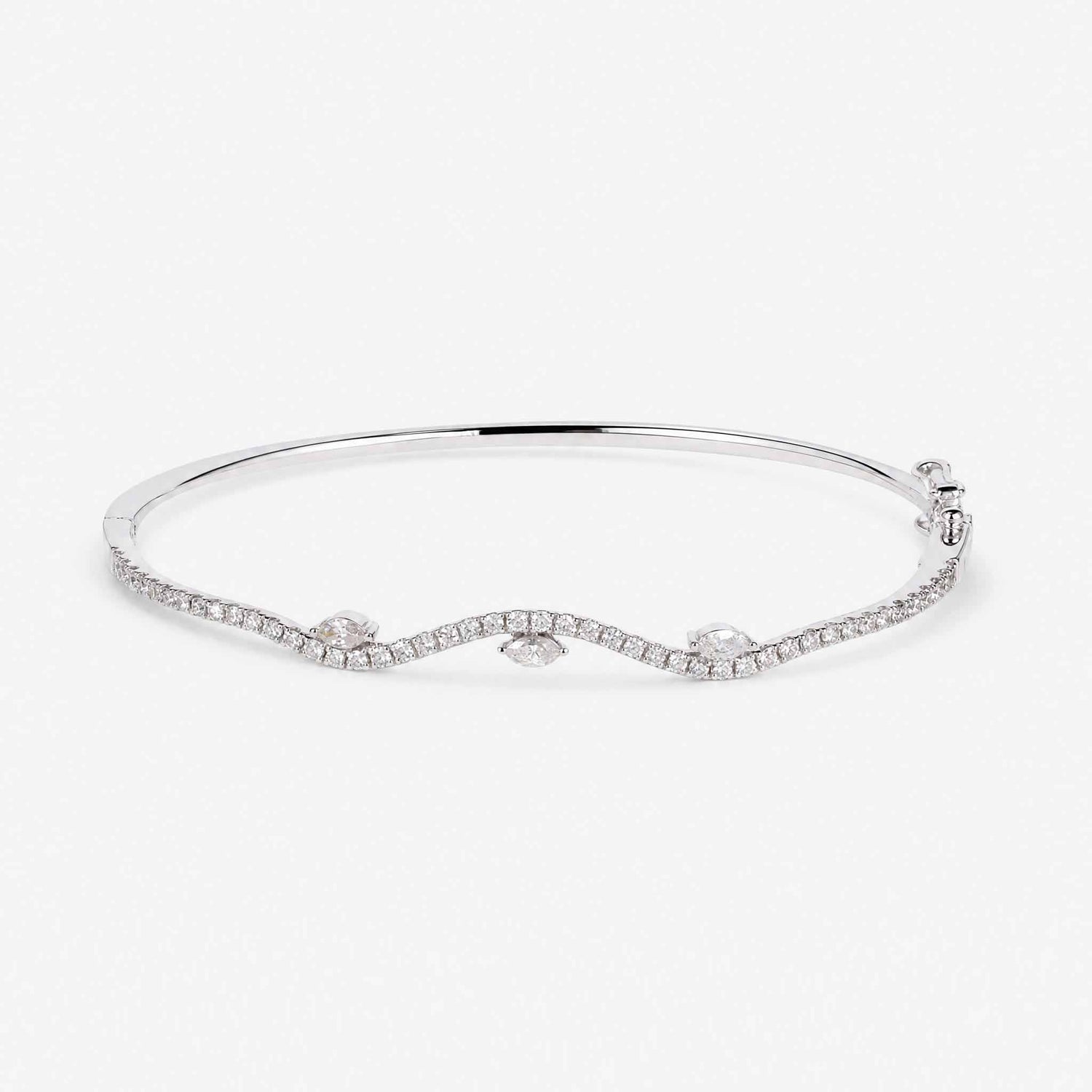 Natural Marquise and Round Diamond Wave Bangle in 18K White Gold - JewelryAndStore